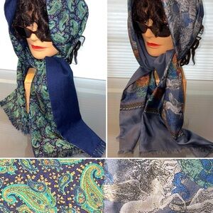 2️⃣🐑 Set Printed Wool Back/Silk Face Paisley & Pegasus Patterned Lot 2 Scarves